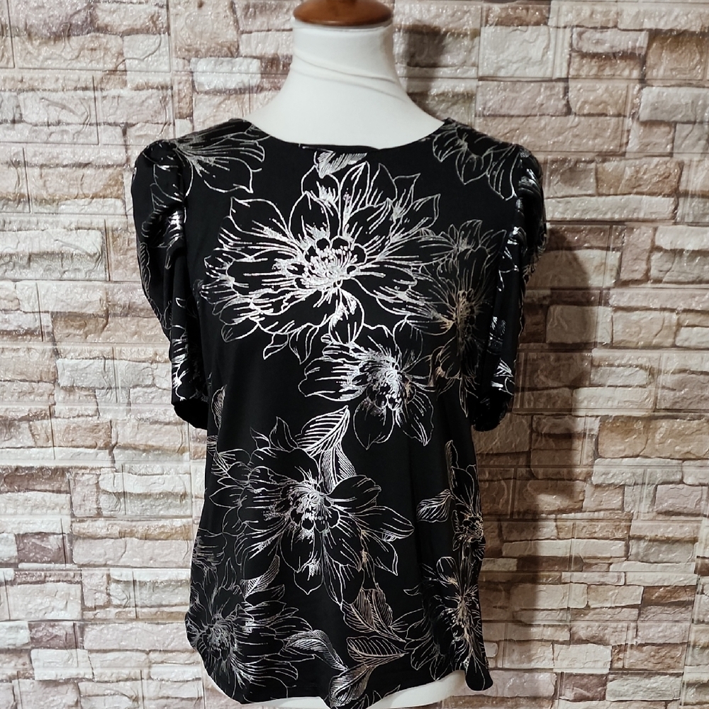 Perseption Concept Brand New Floral Black and Silver Women's Blouse